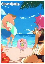 1boy 2girls bartholomew_kuma bikini blue_shorts blue_sky child cloud commentary_request curly_hair family floral_print flower ginny_(one_piece) hibiscus highres innertube jewelry_bonney long_hair multiple_girls ocean one_piece palm_tree pink_hair profile shorts size_difference sky swim_ring swimsuit thumbs_up tree twitter_username ususmomo waving yellow_swimsuit