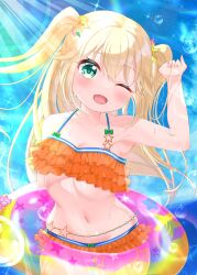 1girl ;d bikini blonde_hair blush collarbone commentary_request frills fujisawa_yuzu green_eyes hair_ornament highres innertube long_hair looking_at_viewer navel one_eye_closed ongeki open_mouth sen_chan_(akane1023) smile solo sparkle star_(symbol) star_hair_ornament star_print starfish swim_ring swimsuit twintails