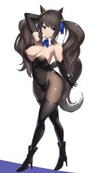 Rule 34 | 1girl, absurdres, alternate costume, animal ears, bare shoulders, black gloves, black leotard, black thighhighs, breasts, brown pantyhose, cleavage, commentary request, covered navel, detached collar, elbow gloves, fishnet pantyhose, fishnets, full body, gloves, highres, horse ears, horse girl, horse tail, large breasts, leotard, long hair, looking at viewer, pantyhose, playboy bunny, saikuu, simple background, solo, standing, tail, thighhighs, tosen jordan (umamusume), twintails, umamusume, white background