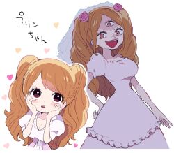 1girl artist_request before_and_after blush breasts bridal_veil brown_eyes brown_hair charlotte_pudding chibi cleavage dress drill_hair earrings flower hair_flower hair_ornament hand_on_own_hip highres jewelry large_breasts lipstick long_hair looking_at_viewer makeup one_piece open_mouth parted_lips puffy_short_sleeves puffy_sleeves shaded_face short_sleeves solo third_eye twintails veil wedding_dress white_background white_dress wide_hips yandere