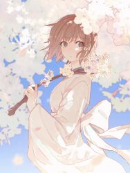 1girl absurdres blue_sky bob_cut branch brown_eyes brown_hair cherry_blossoms commentary day falling_petals from_side hagiwara_yukiho hand_up highres holding holding_branch idolmaster idolmaster_(classic) japanese_clothes kimono looking_back obi outdoors parted_lips petals sash sky solo white_kimono white_sash yumi_xsh