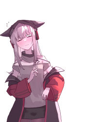 1girl animal_ears arknights bare_shoulders black_coat black_hat blush closed_eyes closed_mouth clothes_writing coat commentary_request cowboy_shot ears_through_headwear facing_viewer flying_sweatdrops frostleaf_(arknights) grey_hair grey_shirt halter_shirt halterneck hat headphones highres hot long_hair long_sleeves material_growth off_shoulder oripathy_lesion_(arknights) partial_commentary shirt simple_background solo standing suzubotan sweat white_background