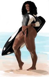 1girl bikini bikini_bottom_only black_bikini black_hair black_shirt breasts brown_eyes dark-skinned_female dark_skin full_body highres long_hair magicmoonsarts navel original outdoors shirt small_breasts solo standing surfboard swimsuit tasha_(magicmoonsarts) two-tone_shirt very_dark_skin white_shirt