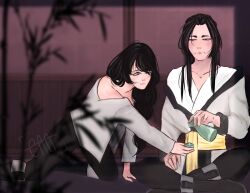 2boys alcohol black_hair blue_eyes bottle cup feng_huangyu grey_eyes long_hair male_focus moved_by_freedom multiple_boys pants shan_qiwei sitting smile