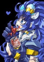 10s 1girl animal_ears black_background blue_eyes blue_gloves blue_hair blue_neckwear blue_shirt choker crown cure_gelato eating extra_ears fang female_focus food food_on_face gloves gold_crown heart jam kirakira_precure_a_la_mode lion_ears long_hair mini_crown open_mouth precure senmu_(0107) shirt simple_background solo tategami_aoi tongue upper_body