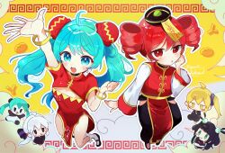 5girls :o ahoge akita_neru aqua_eyes aqua_hair black_choker black_hair black_suit blonde_hair blush bracelet bread brown_eyes chibi china_dress chinese_clothes choker cleavage_cutout clenched_hand clothing_cutout commentary dress drill_hair earrings food formal_clothes gold_bracelet green_eyes green_hair hair_ornament hand_on_own_cheek hand_on_own_face hand_up hat hatsune_miku highres jewelry kasane_teto long_hair multicolored_hair multiple_girls odochina_(vocaloid) ofuda ofuda_on_head open_mouth outline outstretched_hand panda ponytail red_dress red_eyes red_hair smile sorami_yuru spring_onion suit tabane_roze triple_baka_(vocaloid) twin_drills twintails two-tone_hair utau vocaloid white_hair white_outline yellow_background yellow_eyes yin_yang yowane_haku