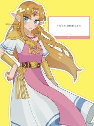 Rule 34 | 1girl, armor, artist name, blonde hair, blue eyes, blush, blush stickers, breasts, circlet, closed mouth, dress, earrings, forehead jewel, hair ornament, hand on own hip, highres, jewelry, long hair, looking at viewer, nameko (nanakake2), necklace, nintendo, parted bangs, pointy ears, princess zelda, request inset, short sleeves, shoulder armor, simple background, smile, solo, super smash bros., the legend of zelda, the legend of zelda: a link between worlds, tiara, triforce, twitter username, yellow background
