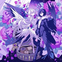 1boy 1girl arm_up ballerina ballet_slippers black_hair black_pants black_wings bungou_stray_dogs closed_mouth commission curtains dress en_pointe feathered_wings floral_background flower full_body fyodor_dostoyevsky_(bungou_stray_dogs) hair_between_eyes long_hair long_sleeves meremero multiple_wings music_box original pants purple_eyes red_flower second-party_source shoes short_hair smile standing standing_on_one_leg star_(sky) tutu white_dress white_eyes white_footwear white_hair white_wings wings
