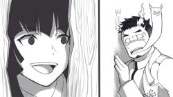 1boy 1girl blank_eyes breaking breaking_through_wall broken_door character_request giving_up_the_ghost gorioxxxx greyscale here&#039;s_johnny!_(meme) hole_in_wall long_hair meme monochrome parody protagonist_2_(housamo) scared scene_reference tokyo_houkago_summoners upper_body