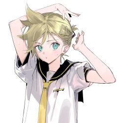 Rule 34 | 1boy, aqua eyes, arms up, bass clef, blonde hair, commentary request, fingernails, hair ornament, hairclip, kagamine len, male focus, naoko (naonocoto), necktie, open mouth, ponytail, sailor collar, shirt, short hair, short ponytail, short sleeves, simple background, solo, sweatdrop, upper body, vocaloid, white background, white shirt, yellow necktie