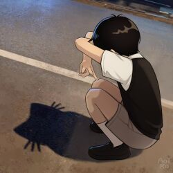 1boy absurdres antenna_hair aoiro_arts arms_up black_hair black_shoes black_sweater_vest cat_shadow_puppet_(meme) commentary fingernails from_side full_body grey_shorts highres kneehighs knees_up loafers male_focus meme omori outdoors photo_background shirt shoes short_hair short_sleeves shorts socks solo squatting sunny_(omori) sweater_vest symbol-only_commentary very_short_hair white_shirt white_socks