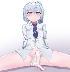 1girl artist_request blue_eyes blue_necktie blush closed_mouth collared_shirt commentary_request commission gradient_background grey_hair hair_between_eyes highres korean_commentary long_hair looking_at_viewer necktie original panties pussy_juice second-party_source shirt sitting solo spread_legs underwear white_panties white_shirt