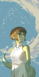 1girl absurdres anak_zahard arms_behind_back bare_shoulders blue_sky breasts brown_eyes brown_hair colored_skin green_skin highres kapxapius lizard_tail original reptile_girl shirt short_hair sidelighting sky tail tower_of_god white_shirt