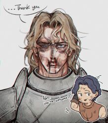 2boys armor black_hair blonde_hair blood blue_eyes bruise bruise_on_face bruised_eye cahara_(fear_&amp;_hunger) chromatic_aberration commentary english_commentary english_text fear_&amp;_hunger_(series) fear_&amp;_hunger_1 injury kulissara-aung le&#039;garde_(fear_&amp;_hunger) loose_hair_strand male_focus medium_hair multiple_boys nosebleed