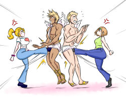 2boys 2girls anger_vein ball_busting crotch_kick cupid multiple_boys multiple_girls ocigart sandals