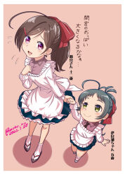 Rule 34 | 2girls, aged down, ahoge, apron, black necktie, blue skirt, brown hair, collared shirt, commentary request, dated, full body, green eyes, green hair, holding hands, irako (kancolle), kantai collection, kappougi, long hair, mamiya (kancolle), moke ro, multiple girls, necktie, pink background, pink shirt, ponytail, purple hair, sandals, shirt, skirt, socks, translation request, twitter username, white socks