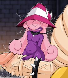 Rule 34 | 2boys, arms behind back, artist name, blurry, blurry background, blush, blush stickers, bowser, brick wall, cowboy shot, cum, curly hair, dankodeadzone, depth of field, ejaculation, erection, hair over eyes, hat, huge penis, indoors, long hair, mario (series), multiple boys, navel, nintendo, open mouth, paper mario, penis, penis awe, pink hair, size difference, spiked penis, stomach, vivian (paper mario), wavy mouth, wizard hat, yaoi