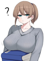 Rule 34 | 1girl, ?, absurdres, alternate costume, blue eyes, breasts, brown hair, grey sweater, highres, intrepid (kancolle), jiangyou dang, kantai collection, large breasts, long sleeves, ponytail, short hair, solo, sweater, upper body, white background