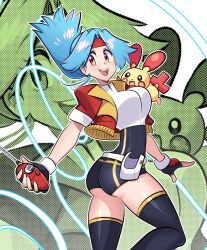 1girl ass black_thighhighs blue_hair breasts fingerless_gloves gen_3_pokemon gloves headband highres jacket large_breasts long_hair looking_at_viewer missandydandy nintendo on_shoulder open_clothes open_jacket open_mouth plusle pokemon pokemon_(creature) pokemon_on_shoulder pokemon_ranger_(series) pokemon_ranger_uniform red_eyes red_headband red_jacket shirt short_sleeves solana_(pokemon) solo spandex thighhighs