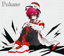 1boy 779762391_(lofter) animal_hat ankle_boots armband bags_under_eyes black_eyes black_pants boots cane character_name coat collared_coat colored_shoe_soles colored_skin double-parted_bangs film_grain flag flipped_hair fukase full_body grey_background grid_background grin hair_between_eyes hands_on_own_knees hat heterochromia high_heel_boots high_heels highres holding holding_cane knees_up long_sleeves male_focus pants puffy_long_sleeves puffy_sleeves red_armband red_eyes red_hair short_hair simple_background sitting skirt smile solo top_hat vocaloid white_boots white_coat white_hat white_skin white_skirt
