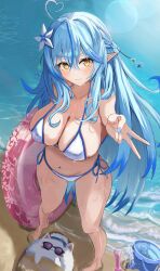 1girl absurdres ahoge barefoot beach bikini blue_hair breasts elf full_body gyaru_v heart heart_ahoge highres holding holding_swim_ring hololive innertube large_breasts ocean outdoors pointy_ears raised_eyebrows revision side-tie_bikini_bottom solo_focus standing sun_glare swim_ring swimsuit v virtual_youtuber wet white_bikini winvita yellow_eyes yukihana_lamy yukimin_(yukihana_lamy)