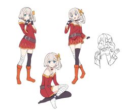 1girl bandaged_leg bandages belt blue_eyes bow brown_belt cosplay dress fingerless_gloves gloves grey_hair hair_bow highres indie_virtual_youtuber long_hair long_sleeves looking_at_viewer marimari_(vtuber) megumin megumin_(cosplay) nxthr1 open_mouth orange_bow own_hands_together red_dress side_ponytail single_thighhigh sitting smile thighhighs virtual_youtuber