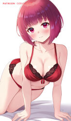 1girl arima_kana artist_name blunt_bangs blush bob_cut bra breasts cleavage closed_mouth collarbone front-tie_bra hat highres inverted_bob large_breasts looking_at_viewer oshi_no_ko panties red_bra red_eyes red_hair red_panties sebu_illust short_hair simple_background solo underwear underwear_only watermark white_background