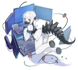 1girl absurdres ass blue_archive blue_screen_of_death colored_skin commentary ein_(blue_archive) highres jacket mask mearyo mechanical_tail mouth_mask short_hair side_ponytail solo symbol-shaped_pupils tail white_hair white_jacket white_skin x-shaped_pupils yellow_eyes