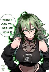1girl absurdres black_tank_top boku_no_hero_academia breasts collar covered_navel crop_top detached_sleeves english_text fishnet_leotard fishnets green_eyes green_hair hagakure_toru highres john_cena large_breasts leotard looking_at_viewer multicolored_hair pink_hair redpostit simple_background solo speech_bubble spiked_collar spikes symbol-shaped_pupils tank_top unusually_visible white_background