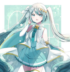 1girl aqua_bow aqua_hair aqua_necktie aqua_skirt blush bow dress hair_between_eyes hair_ornament hand_on_own_face hatsune_miku highres hiramado_miku kowareta_sekai_to_utaenai_miku long_hair long_sleeves looking_at_viewer necktie official_alternate_costume official_alternate_hairstyle open_mouth pleated_skirt project_sekai siquartz22 skirt sleeveless sleeveless_dress smile solo spoilers thighhighs twintails very_long_hair vocaloid white_dress x_hair_ornament zettai_ryouiki