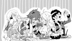 5girls absurdres anger_vein arm_sling arm_up armor bandaged_head bandages bandaid bandaid_on_face bandaid_on_nose bare_shoulders boned_meat breastplate character_request check_character clenched_teeth cup eating etrian_odyssey eyepatch food gauze gloves greyscale grin half-closed_eye highres holding holding_cup holding_food meat medic_(sekaiju) medic_2_(sekaiju) monochrome mug multiple_girls nikki_kyousuke paladin_(sekaiju) paladin_2_(sekaiju) pizza pizza_slice ranger_(sekaiju) ranger_4_(sekaiju) shirt smile swordsman_(sekaiju) swordsman_2_(sekaiju) teeth upper_body v-shaped_eyebrows watermark