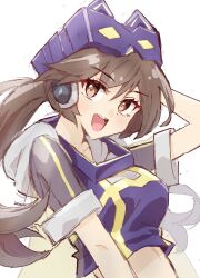Rule 34 | 1girl, arm behind head, brown eyes, brown hair, crop top, duel monster, hat, highres, i:p masquerena, jacket, jemusaito, open clothes, open jacket, open mouth, see-through clothes, see-through jacket, short sleeves, sketch, solo, twintails, upper body, yu-gi-oh!