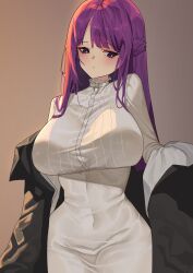 1girl absurdres black_robe blush breasts commentary covered_navel dress fern_(sousou_no_frieren) half_updo highres huge_breasts its2h35 long_hair purple_eyes purple_hair robe robe_partially_removed solo sousou_no_frieren symbol-only_commentary taut_clothes taut_dress very_long_hair white_dress