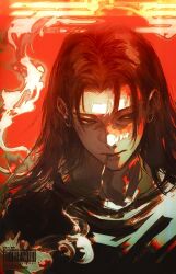 1boy black_hair closed_mouth ear_piercing getou_suguru highres ho9_999 jujutsu_kaisen long_hair looking_to_the_side male_focus piercing red_background smoking