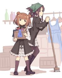 Rule 34 | 2girls, beatrice (princess principal), black dress, blush, bow, breasts, broom, brown eyes, brown hair, dorothy (princess principal), double bun, dress, hair bun, highres, long hair, long sleeves, looking at viewer, multiple girls, normaland, open mouth, princess principal, purple eyes, school uniform, shirt, smile, white shirt