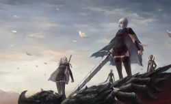4girls bigsnaker cape clare_(claymore) claymore_(series) claymore_(sword) deneve garter_straps helen leather leather_skirt long_hair miria multiple_girls short_hair silver_hair skirt sword thighhighs weapon