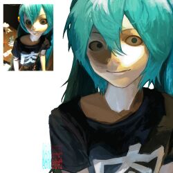 1girl alternate_costume black_shirt bloodshot_eyes blue_eyes blue_hair ch1ckenpretz double-parted_bangs hair_between_eyes hatsune_miku head_tilt highres horror_(theme) looking_at_viewer no_pupils reference_inset shirt skeleton_print smile solo twintails upper_body vocaloid white_background