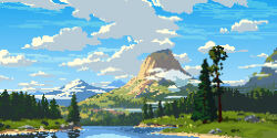 blue_sky cloud cloudy_sky day grass landscape mountain mountainous_horizon nature no_humans original outdoors philipp_urlich pixel_art river scenery sky tree water