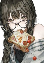1girl absurdres airen_kori artist_name bacon black-framed_eyewear black_hair bread bread_slice cherry_tomato egg_(food) eyelashes food food_in_mouth glasses green_eyes highres looking_at_viewer mole mole_under_eye mouth_hold original simple_background solo toast toast_in_mouth tomato twitter_username watermark white_background