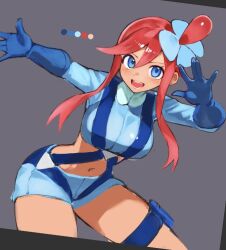 1girl blue_eyes blue_gloves blue_shirt blue_shorts breasts color_guide commentary_request crop_top gloves grey_background hair_ornament kasumi_6 large_breasts leaning_forward long_sleeves looking_at_viewer midriff navel nintendo open_mouth outstretched_arm pokemon pokemon_bw red_hair shirt short_shorts shorts sidelocks skyla_(pokemon) smile solo straddling teeth thigh_straddling