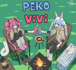 2girls animal_ear_fluff animal_ears black_pantyhose blue_eyes blue_hair blush bow braid brown_eyes brown_hoodie brown_shoes campfire carrot_hair_ornament chair character_name commentary_request cup day don-chan_(usada_pekora) drawstring eye_contact fire food-themed_hair_ornament grass grey_shorts hair_bow hair_ornament highres holding holding_cup hololive hololive_dev_is hood hood_down hoodie kikirara_vivi kiritoma knees_up lantern layered_sleeves long_sleeves looking_at_another multicolored_hair multiple_girls on_chair outdoors pantyhose pantyhose_under_shorts pekomon_(usada_pekora) pink_hair pink_socks purple_hair rabbit_ears shoes short_eyebrows short_over_long_sleeves short_sleeves shorts signature sitting socks thick_eyebrows toasting_(gesture) twin_braids twintails two-tone_hair unworn_shoes usada_pekora white_bow white_hair