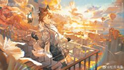 Rule 34 | 1girl, animal ears, balloon, bird, black gloves, blue eyes, brown hair, cat, cat ears, city, cloud, commentary, gloves, highres, jacket, looking at viewer, original, outdoors, short hair, sky, smile, solo, song shi xiaodu, sunset, white jacket