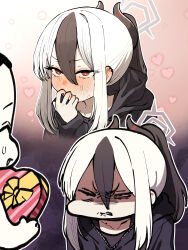 1boy 1girl absurdres black_hair black_hoodie black_horns blue_archive blush chroong commentary_request doodle_sensei_(blue_archive) earclip gift grey_halo halo heart highres holding holding_gift hood hoodie horns kayoko_(blue_archive) korean_commentary multicolored_hair nose_blush red_eyes sensei_(blue_archive) sweat sweatdrop two-tone_hair valentine white_hair