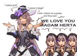 4girls :d bare_shoulders black_choker black_dress black_hat chatgpt choker closed_eyes detached_sleeves dress frilled_sleeves frills grey_hair grok_(xai) hat herta_(honkai:_star_rail) herta_(puppet)_(honkai:_star_rail) highres honkai:_star_rail honkai_(series) long_hair long_sleeves multiple_girls multiple_persona nonnormalguy open_mouth purple_eyes shrugging smile strapless strapless_dress the_herta_(honkai:_star_rail) very_long_hair white_background