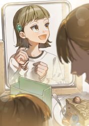 Rule 34 | 2girls, absurdres, ayumi, birthday, blurry, blurry foreground, brown eyes, brown hair, candle, commentary, english commentary, fork, hair ornament, hair over one eye, highres, layered sleeves, lens flare, long sleeves, looking at another, mirror, mother and daughter, multiple girls, open mouth, original, plate, reflection, shirt, white shirt