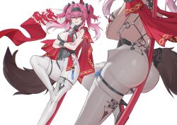 Rule 34 | 1girl, absurdres, armor, ass, back, backless bodysuit, bare shoulders, black bow, bodysuit, boots, bow, breastplate, breasts, collar, commentary, crossed arms, earrings, english commentary, hair between eyes, hair bow, hairband, headgear, high heel boots, high heels, highres, jewelry, large breasts, leaning, looking at viewer, lupa (wuthering waves), metal collar, metal hairband, multiple hair bows, multiple views, noir (noir reveur), red pupils, red sash, sash, simple background, smile, tacet mark (wuthering waves), tail, thigh boots, twintails, white background, white bodysuit, white boots, wolf tail, wuthering waves, yellow eyes