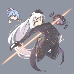 Rule 34 | 2girls, aiming, ako (blue archive), arched back, blood, blue archive, blue eyes, blue hair, blush stickers, bodysuit, demon wings, dodging, dot nose, double-parted bangs, dynamic pose, energy beam, enobun3gyo, flapping, gun, hair between eyes, hair bun, hair ornament, hair ribbon, hairclip, handgun, headset, hina (blue archive), horns, long hair, multicolored hair, multiple girls, nosebleed, parted bangs, pointing, ponytail, purple eyes, ribbon, short hair, simple background, squinting, sweatdrop, thumbs up, two-tone hair, very long hair, weapon, white hair, wings