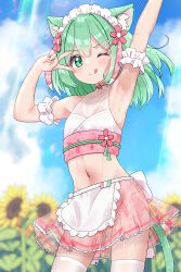 1girl :q animal_ears apron arm_up armband armpits blurry blurry_background breasts cat_ears cat_girl cat_tail closed_mouth commentary_request cowboy_shot depth_of_field flower frilled_apron frilled_armband frills green_eyes green_hair hair_ornament hairclip hand_up hazakura_hinata highres hina_(hazakura_hinata) looking_at_viewer maid maid_headdress medium_hair midriff_peek navel one_eye_closed open_mouth original parallel_hairclips pink_skirt skirt small_breasts solo sunflower tail textless_version thighhighs tongue tongue_out unconventional_maid v v-shaped_eyebrows v_over_eye waist_apron white_thighhighs
