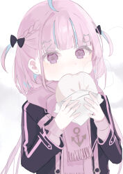 1girl absurdres ahoge anchor_symbol black_bow black_jacket blue_hair blunt_bangs bow braid cardigan cat_hair_ornament eating enpera food hair_bow hair_ornament hairclip highres holding holding_food hololive jacket long_hair long_sleeves looking_at_viewer minato_aqua minato_aqua_(school_uniform) miri_mm222 multicolored_hair o-ring open_clothes open_jacket pink_cardigan pink_scarf pink_trim purple_eyes purple_hair scarf school_uniform solo steamed_bun streaked_hair two_side_up upper_body virtual_youtuber white_background x_hair_ornament