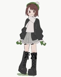 1girl alternate_costume artist_name beret black_coat black_ribbon boots brown_eyes brown_hair closed_mouth coat dress frilled_skirt frills full_body gloria_(pokemon) gloves green_gloves green_hat green_mittens grey_dress hat highres lace-up_boots looking_at_viewer medium_hair mittens nintendo open_clothes open_coat pokemon pokemon_swsh ribbon scarf short_dress simple_background skirt smile solo standing tnm_ilu twitter_username white_background white_scarf